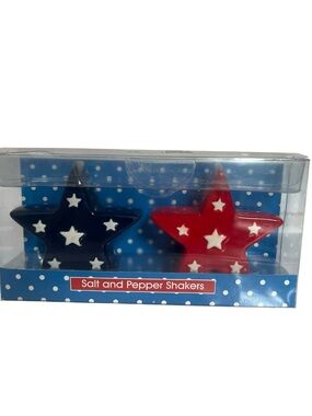 Patriotic Vibrant Red & Navy Star Salt & Pepper Shaker Set by G!-New with Tags